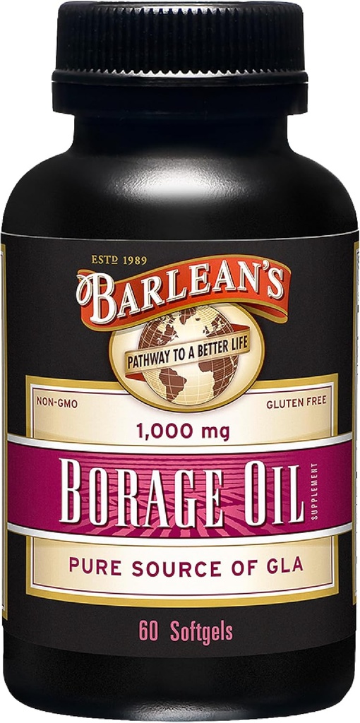 Suplementos de aceite de borrado de Barlean, ácidos grasos prensados fríos suplementos de aceite de semilla de Borage suaves para hombres y mujeres, 1000 mg GLA ácidos grasos, 60 conteo
