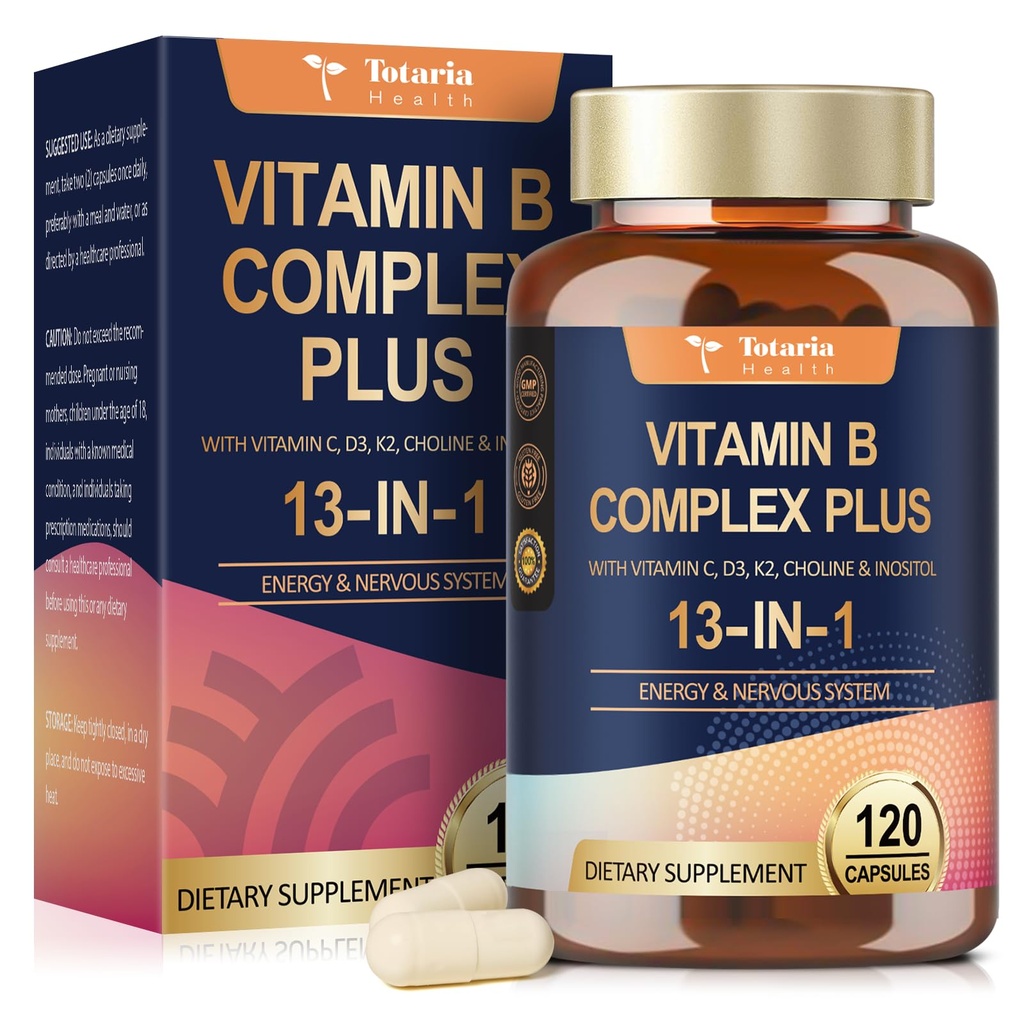 Complejo de vitamina B 13 en-1 con vitamina B1, B2, B3 (Niacinamide), B4, B5, B6, B7 (Biotin), B8 (Inositol), B9 (Folate), B12, C, D3, K2 - Energía, Nerve, Immune, Skin Support - 120 cápsulas Vegan