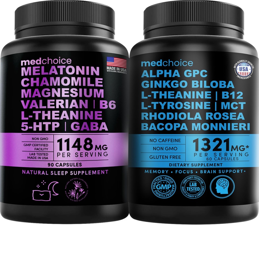 MEDCHOICE Melatonina del sueño (90ct) y Cerebro Nootrópico (60ct) Suplemento Bundle - Wellness Duo for Sleep, Brain, Focus, " Mood Support - Vegan, Non-GMO, Gluten-Free