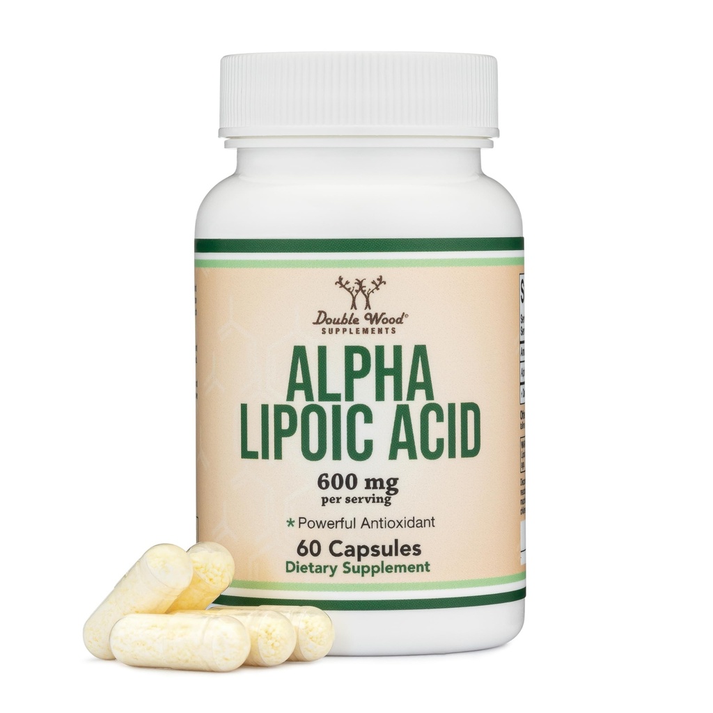 Ácido Lipoico alfa 600mg por Serving, 60 cápsulas (Tercera Parte Probada, No GMO, Libre de gluten, Seguro Vegano) Antioxidante de Potente para Neuropatía y Salud Cardiovascular (Suplemento ALA) por Madera Doble