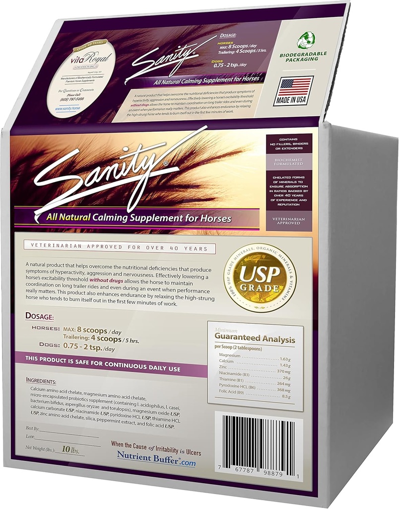 Sanity - Equine Behavioral Calming Focus Suplemento para Caballos - Magnesio, Calcio, Zinc, B Vitaminas, Aminoácidos, Probióticos, Thiamine, Folic Acid, Niacin, Peppermint &amp; More