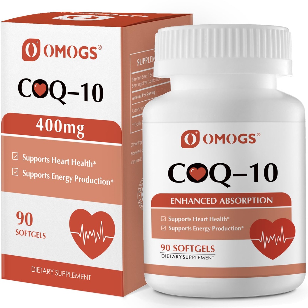OMOGS CoQ10 400mg Softgels, Coenzyme Q10 High Absorption Supplements Support Heart Health, Cardiovascular Health, Immune System " Cellular Energy Production, Gluten Free, 90 Softgels