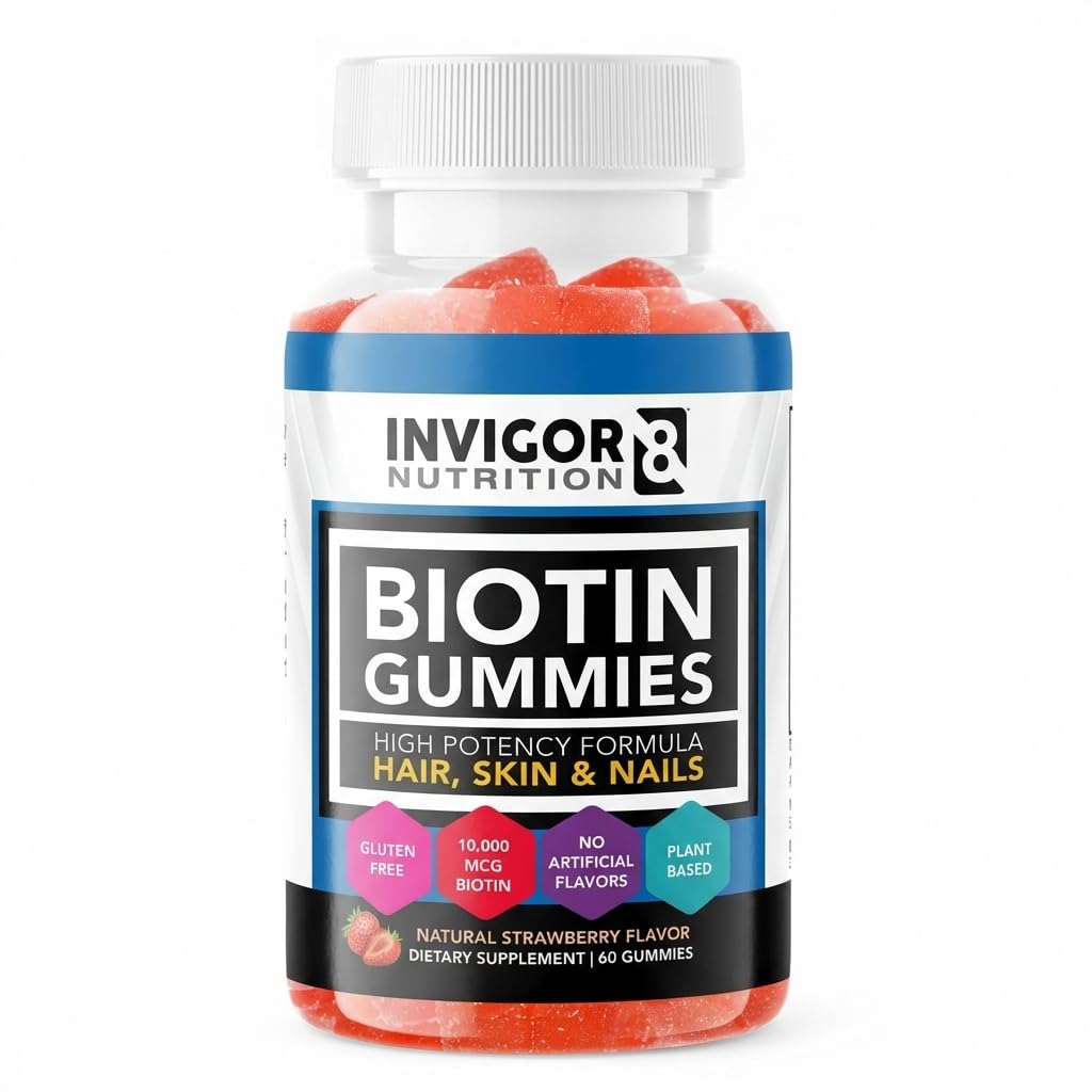 INVIGOR8 Biotin Gummies 10000mcg ← Peluquería Piel uñas Vitaminas Biotina Suplemento para Mujeres Hombres 5000mcg x2 ANTE Vegan Kosher Halal ← Flavor de Fresa