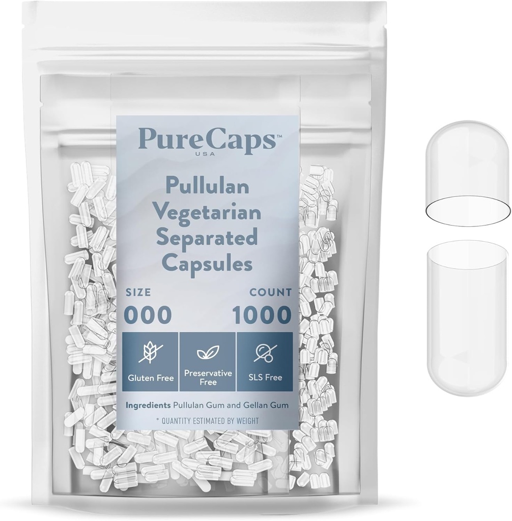 PureCaps USA - Empty Vegetarian Vegan Pullulan Pill Capsules Tamaño 000 Silencio 1.000 Píldoras separadas sometidas Borrar la vida No GMO Certified peru SLS, Gluten, Preservative Free