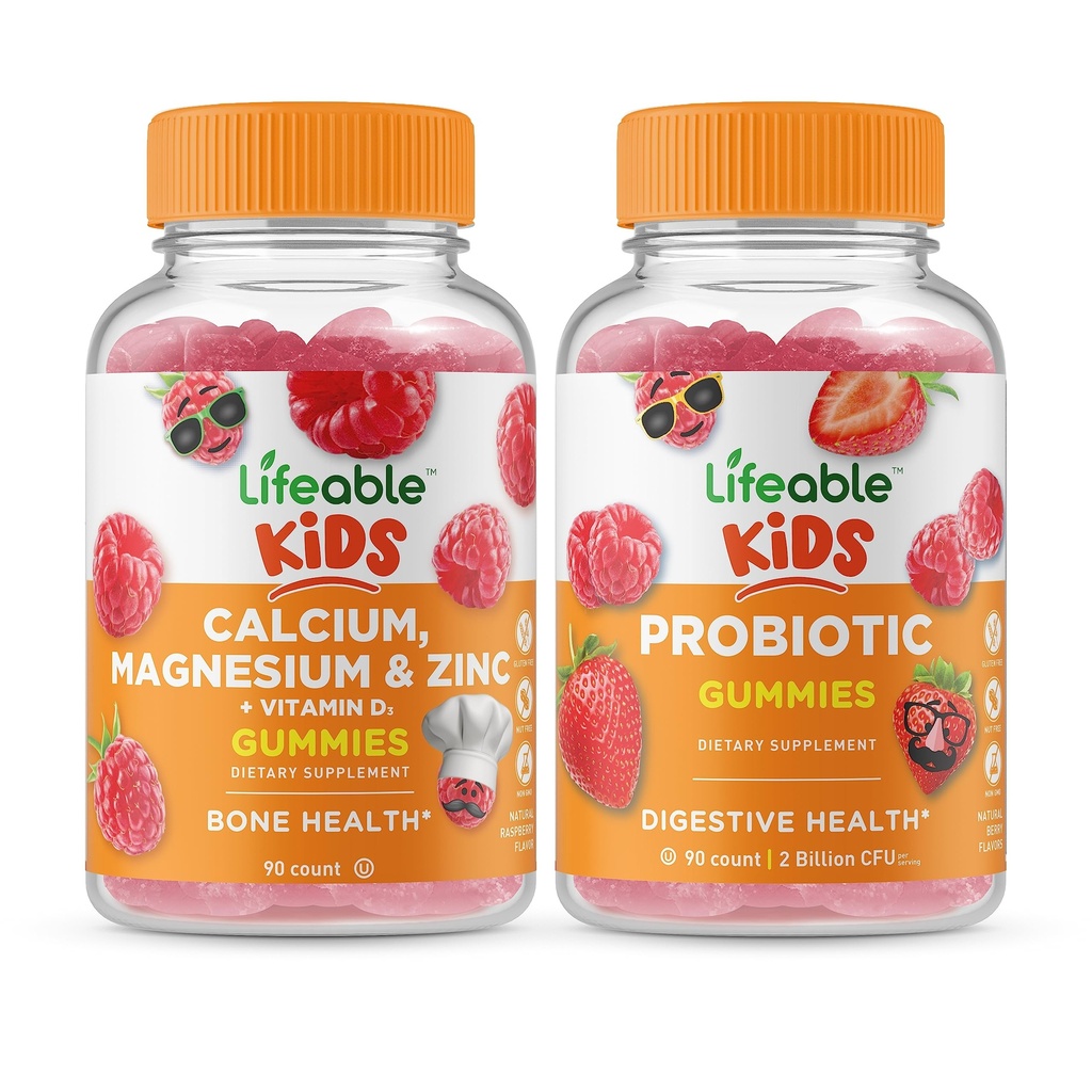 Magnesio de calcio vitalicio &amp; niños cinc + Probiótico 2 billón CFU Kids, Gummies Bundle - Gran Cata, Suplemento de vitamina, Gluten Gratis, GMO Gratis, Chewable Gummy