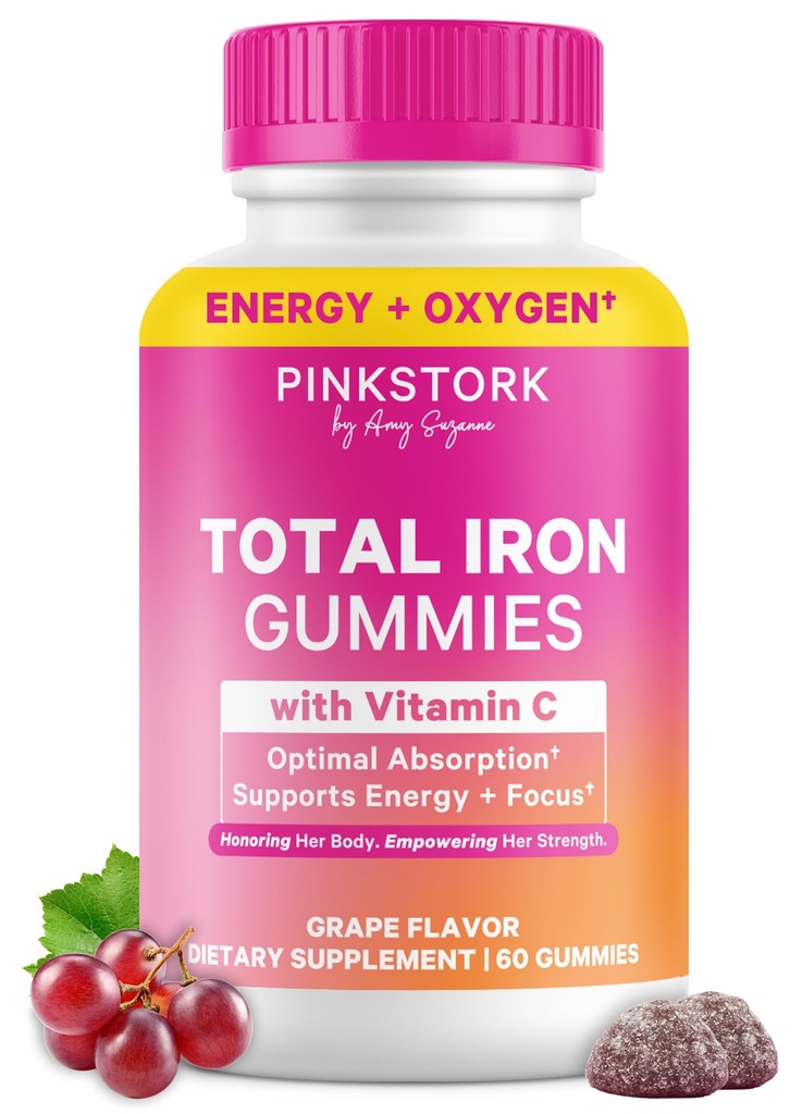 Pink Stork Prenatal Iron Suplemento Gummies for Women - 20 mg con vitamina C - Grape Chewable for Deficiency, Energy, & Blood Builder - 60 Gummy Chews