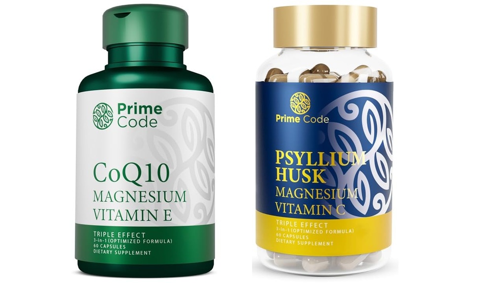 Primer Código CoQ10 250 mg con glinato de magnesio y vitamina E, cápsulas de cáscara de plislio con citrato de magnesio y vitamina C