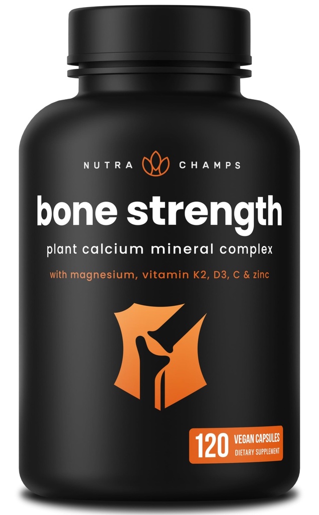 Calcio Suplemento de Bone Strength Silencio Planta Calcio Citrato + Vitamina D3, K2, Magnesio, Zinc, Potasio, Boron &amp; Strontium ← Premium Extra Strength Bone Health & Density Complex ← 120 Vegan Capsules