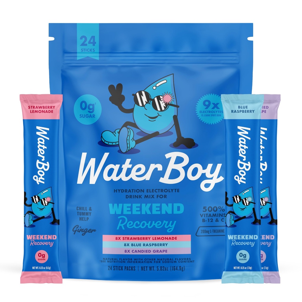 Waterboy Weekend Recovery Variedad  3,200mg Electrolyte Powder Packets  Ginger + L-Theanine + Vitamins peru No Sugar, All Natural, Gluten Free ← 24 Drink Stick Mixes (Variety Pack)