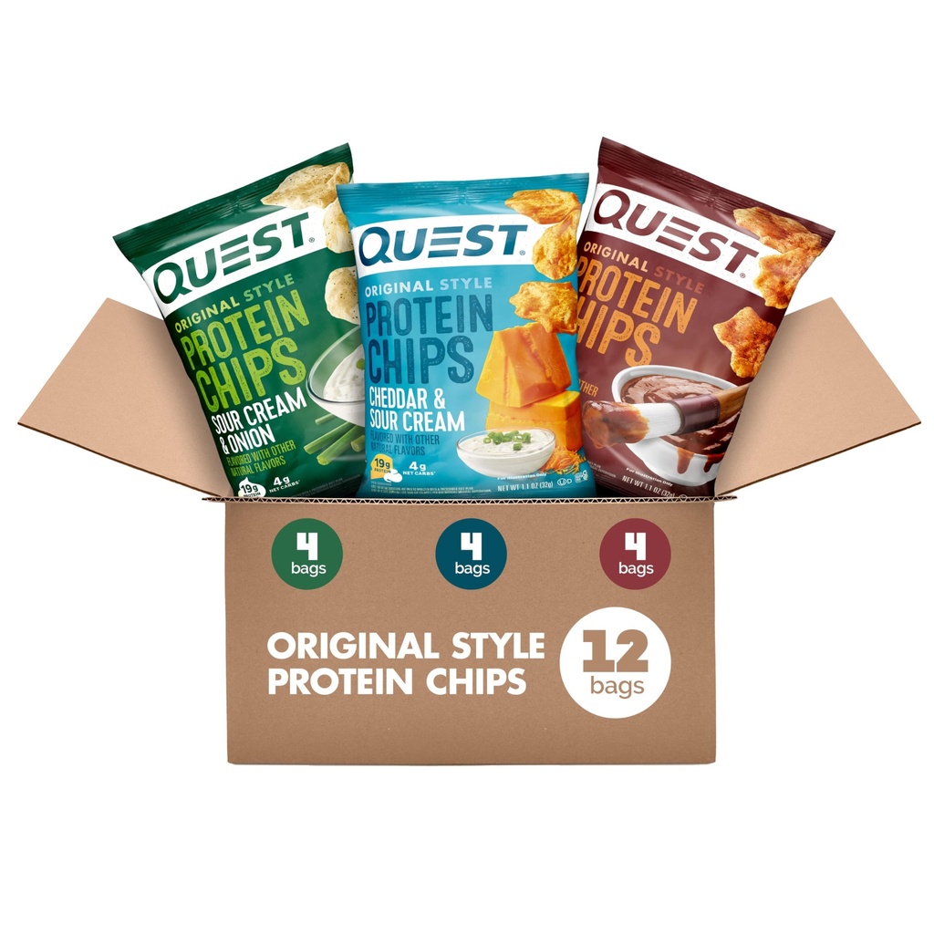 Quest Nutrition Protein Chips Variedad Pack, BBQ, Cheddar &amp; Sour Cream, Sour Cream &amp; Onion, High Protein, Low Carb, 1.1 oz (Pack of 12)