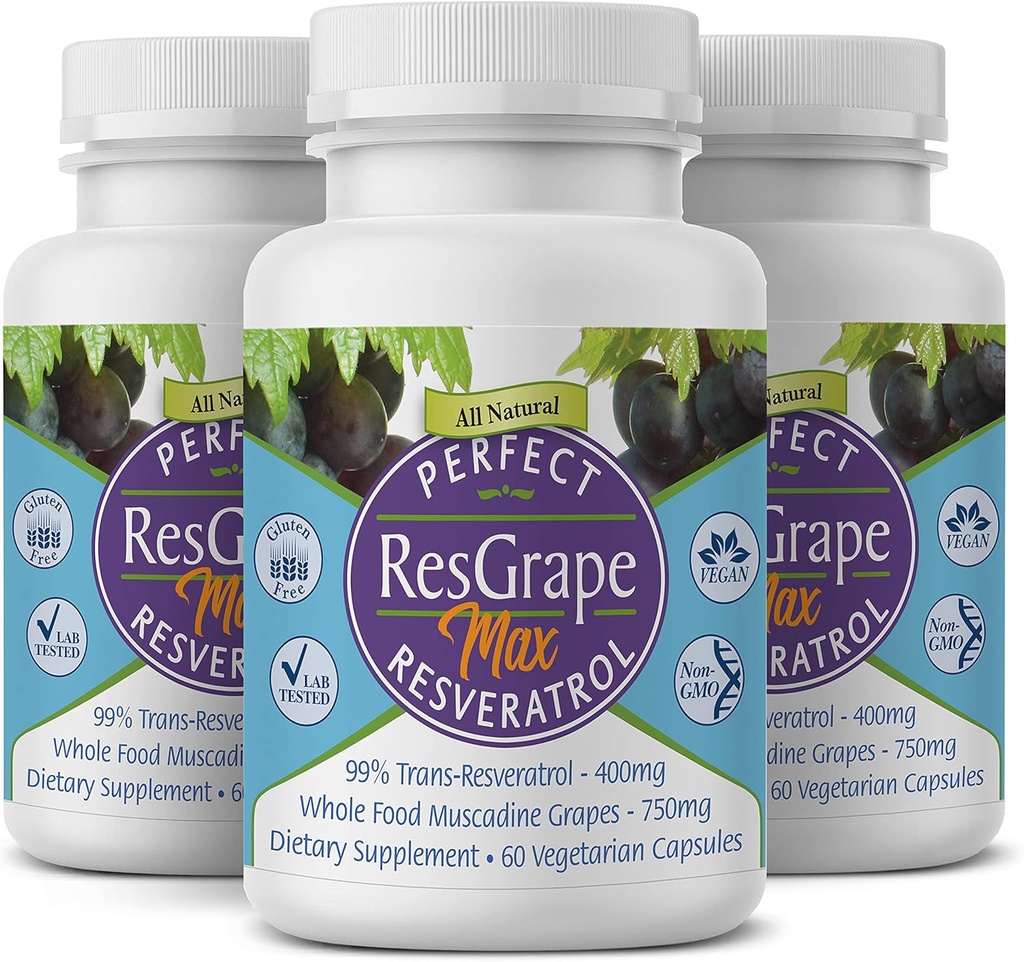Perfect ResGrape Max, 60 cápsulas vegetales por botella (Pack of 3) ~ 99% Trans-Resveratrol &amp; Muscadine Grape ~ Anti-Aging Suplemento " Potent Antioxidant