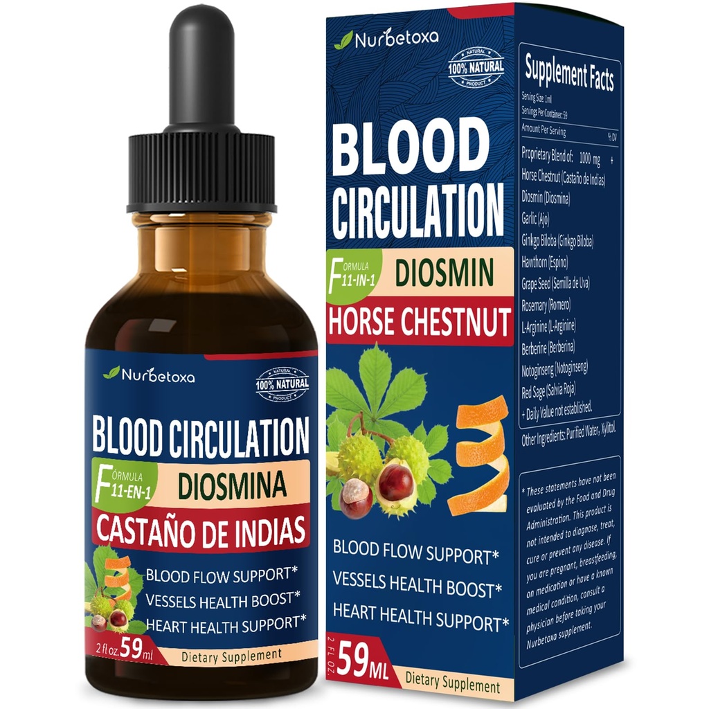 Circulación de sangre Caballo Chestnut Extracto gotas líquidas, Castaño de Indias y Diosmina para la Circulacion y Varices, Suplemento de óxido nítrico para Flujo de sangre, Presión y Salud del Corazón.2 oz