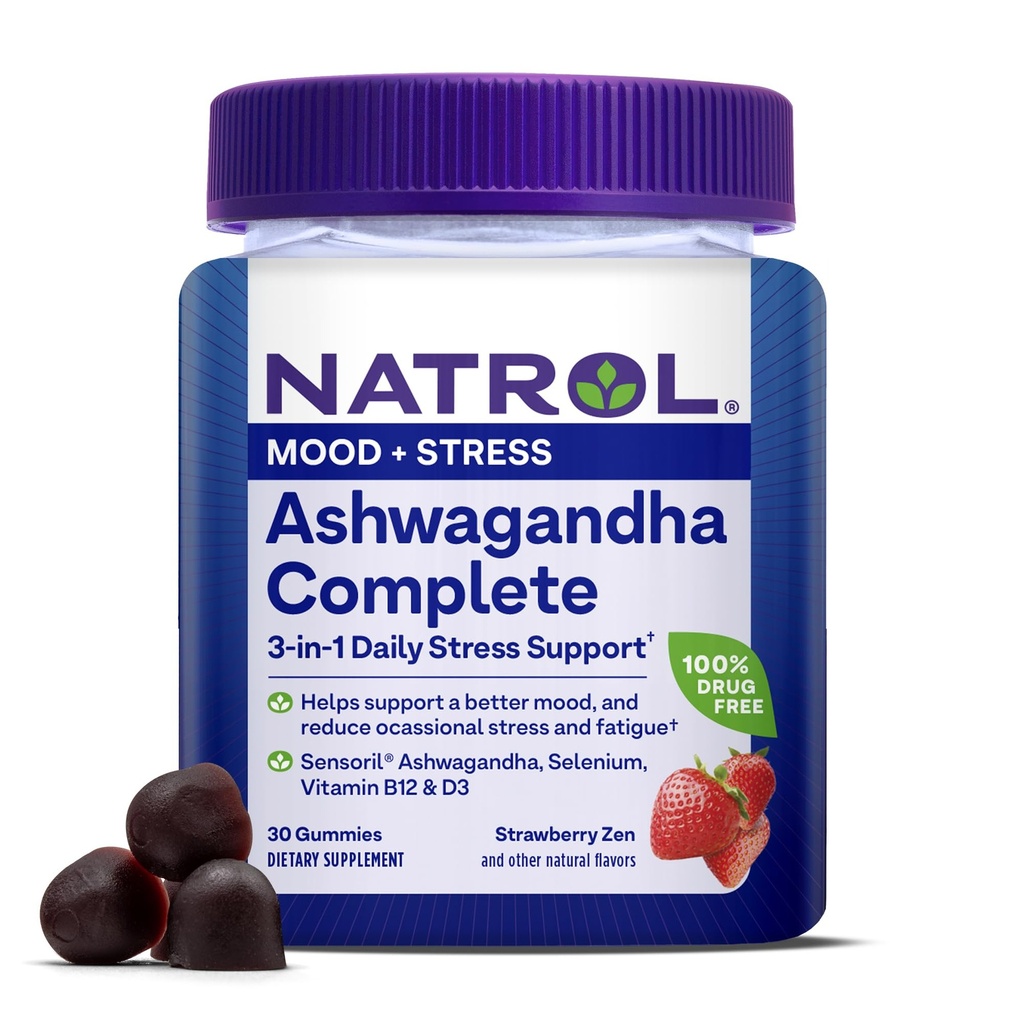 Natrol Ashwagandha Completa Gummy, 3-in-1 Daily Stress Supports Better Mood, Reduce el estrés ocasional y la fatiga, 30 Gummies, hasta un suministro de 15 días