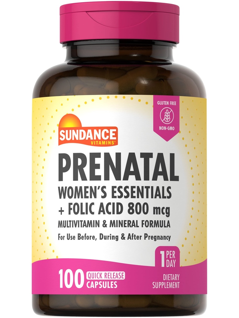 Sundance Prenatal Multivitamínico Silencio con ácido fólico Ø 100 cápsulas de liberación rápida Ø 800 mcg Silencio No GMO, Gluten Suplemento gratuito para Mujeres