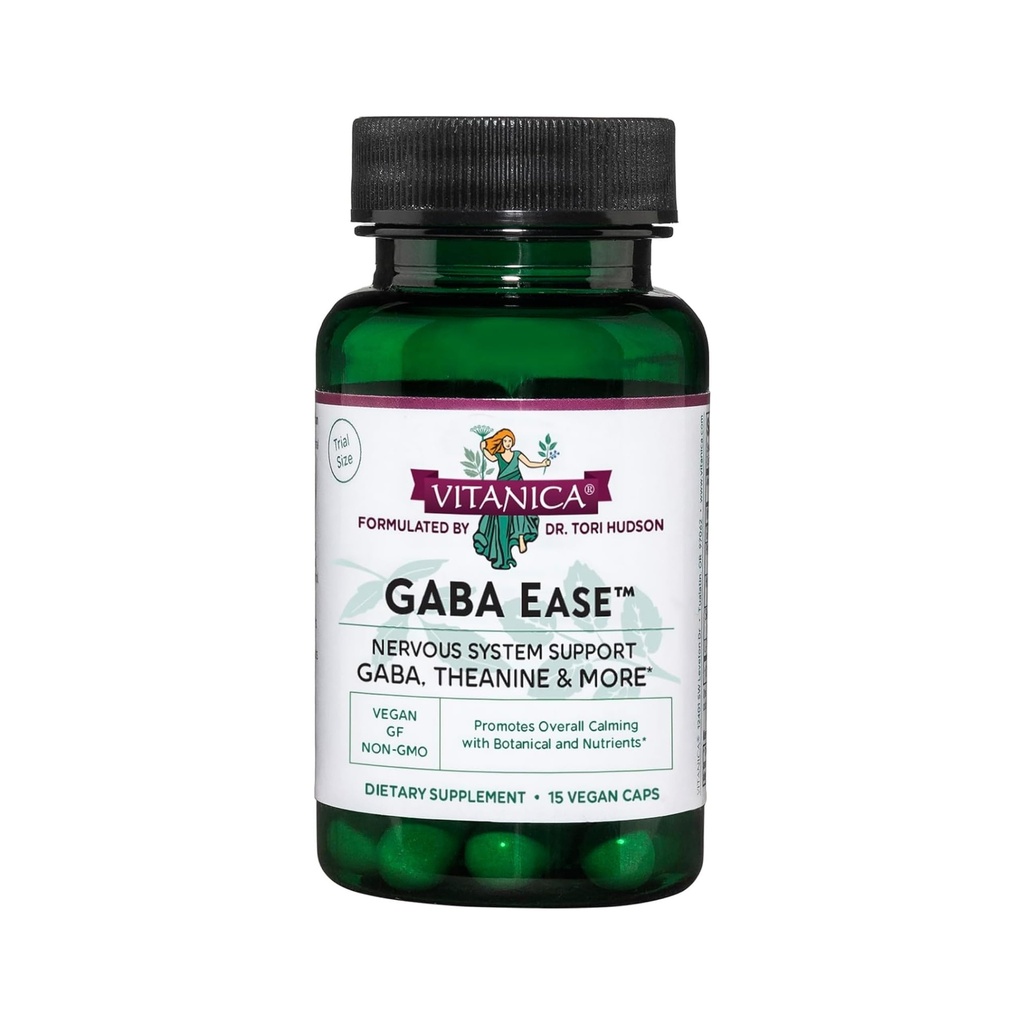 Vitanica GABA Ease - GABA &amp; L-Theanine Supplement for Calm & Relaxation Support - Women's Health Supplement with GABA, Passionflower, Hops, Skullcap & L-Theanine - Consumer Line - 15 Vegan Caps