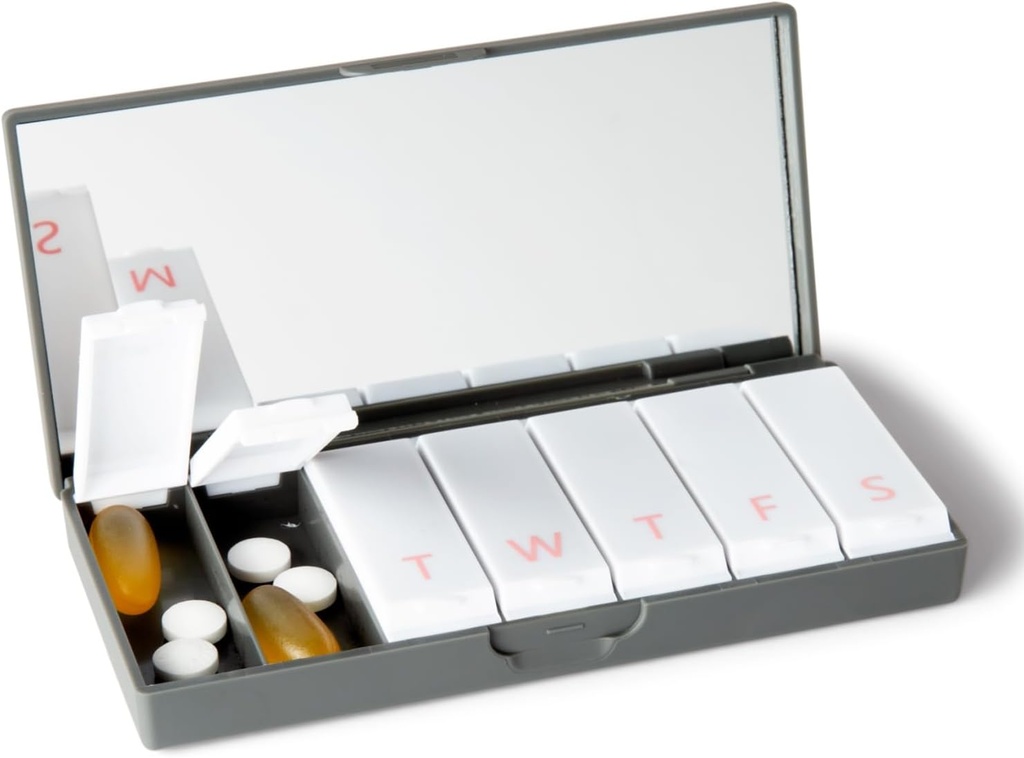 PORT X POLISH Designer Weekly Pill Box Organizer (Single 1X Daily, Charcoal Gray) Silencio Compacto, Estilizado 7-Day Vitamin Supplement Case ← Cute Portable Mini Travel Medicine Carrier  BPA-Free Pillbox Caddy