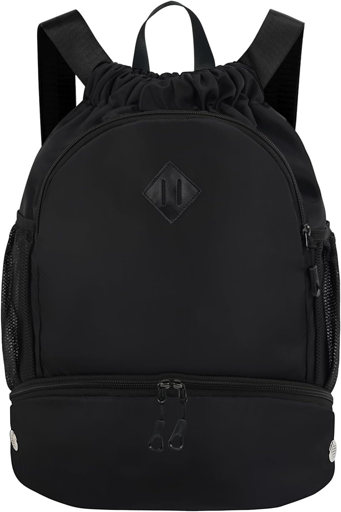 Mochila Drawstring Mochila Gym Mochila con Zapato Compartamento para Hombre Mujer Cubierta Deportiva con Mochila húmeda Cinch Swim Beach Bag, Negro (Pendiente de patentes)