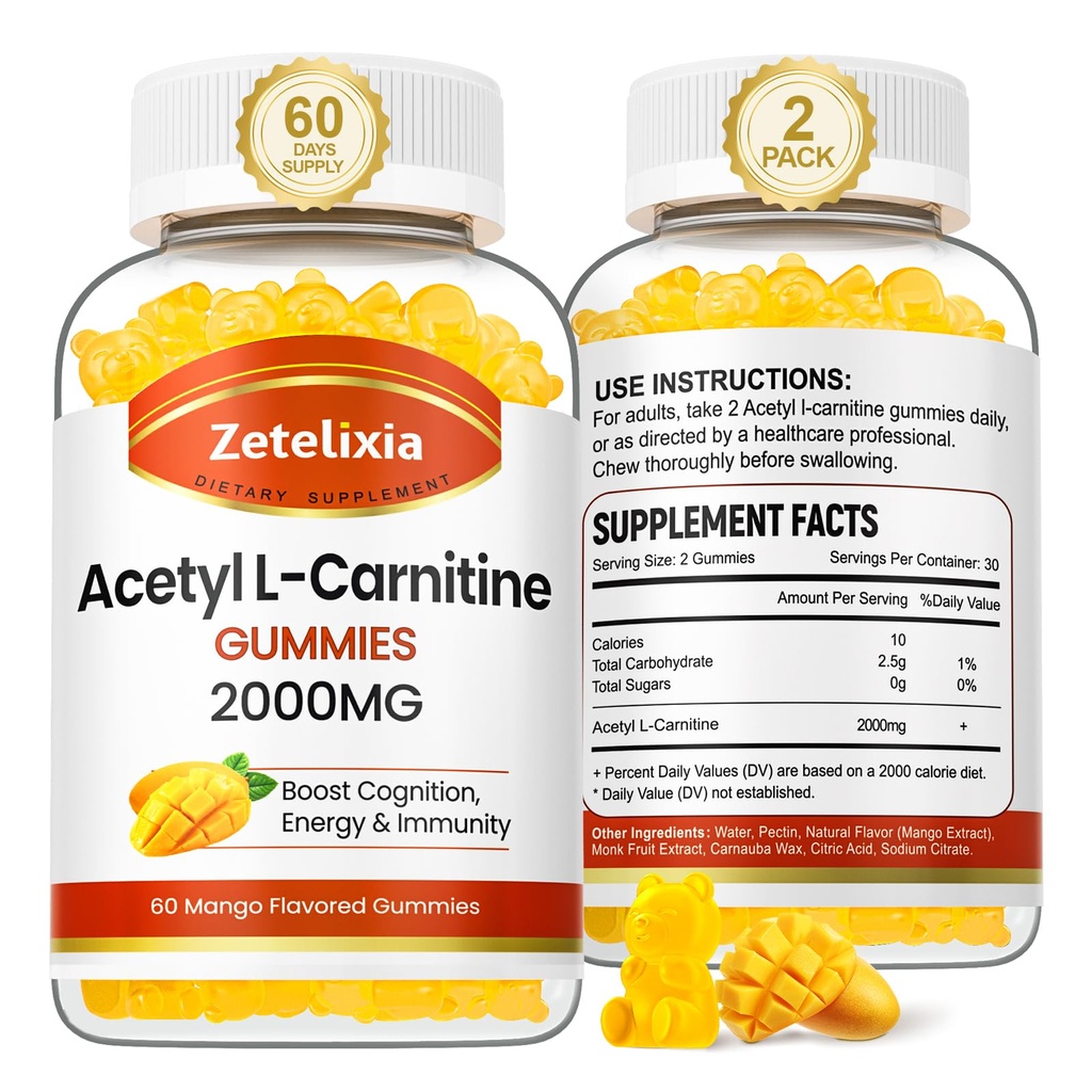 2 Pack Acetyl L-Carnitine Gummies, L-Carnitine Supplement for Women &amp; Men, Nutrition Supplement for Boost Energy, Immunity & Brain Health, Vegan, Non-GMO, Mango Flavor, 120 Count