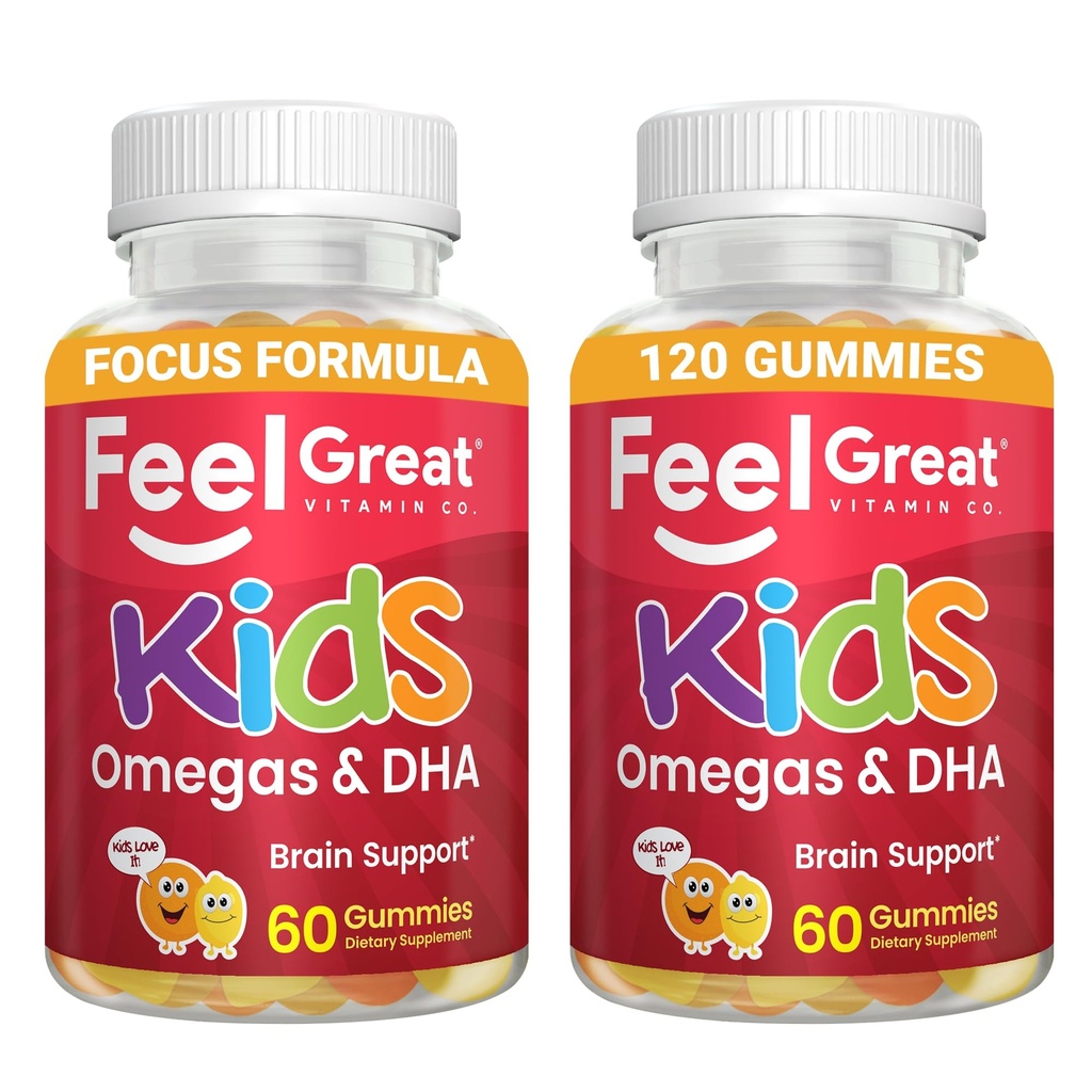 Siente Grandes Vitaminas Niños DHA Gummies con Omega 3 6 9, Vitamina C (2-Pack) Apoyos Saludable Cerebro Funcional, Visión y Salud del Corazón TENIDO Gluten Libre, Vegetariano TEN 60 Gummies