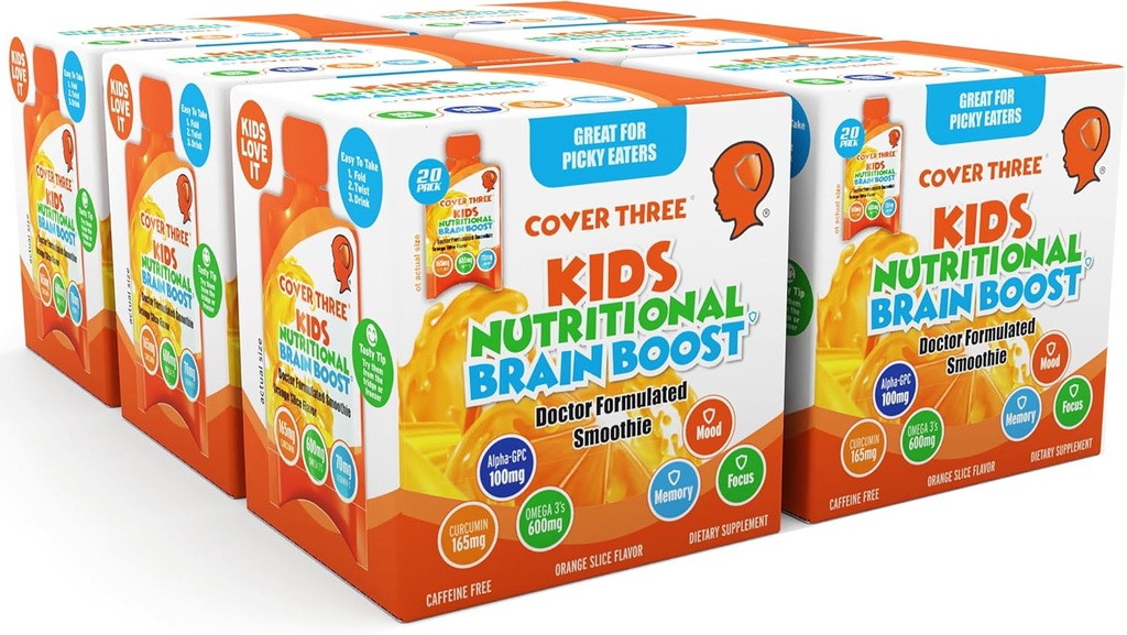 Cubrir tres suplementos para niños suplemento de cerebro Smoothie, Omega 3 niños líquidos DHA aceite de pescado, salud niños foco y atención, apoyo emocional, 20 bolsas, paquete 6