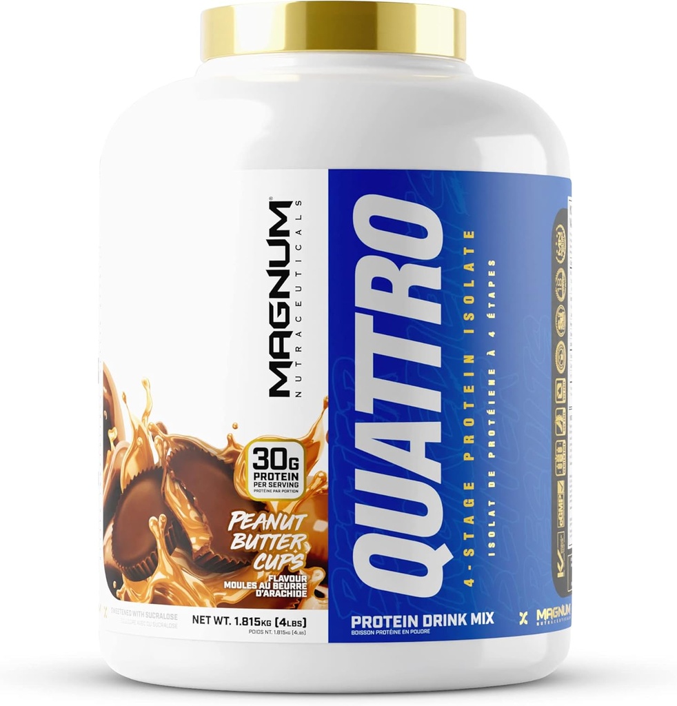 Magnum Nutraceuticals Quattro Whey Protein Powder, Peanut Butter Cup 4lb – Premium Protein Isolate Blend for Muscle Growth &amp; Recovery