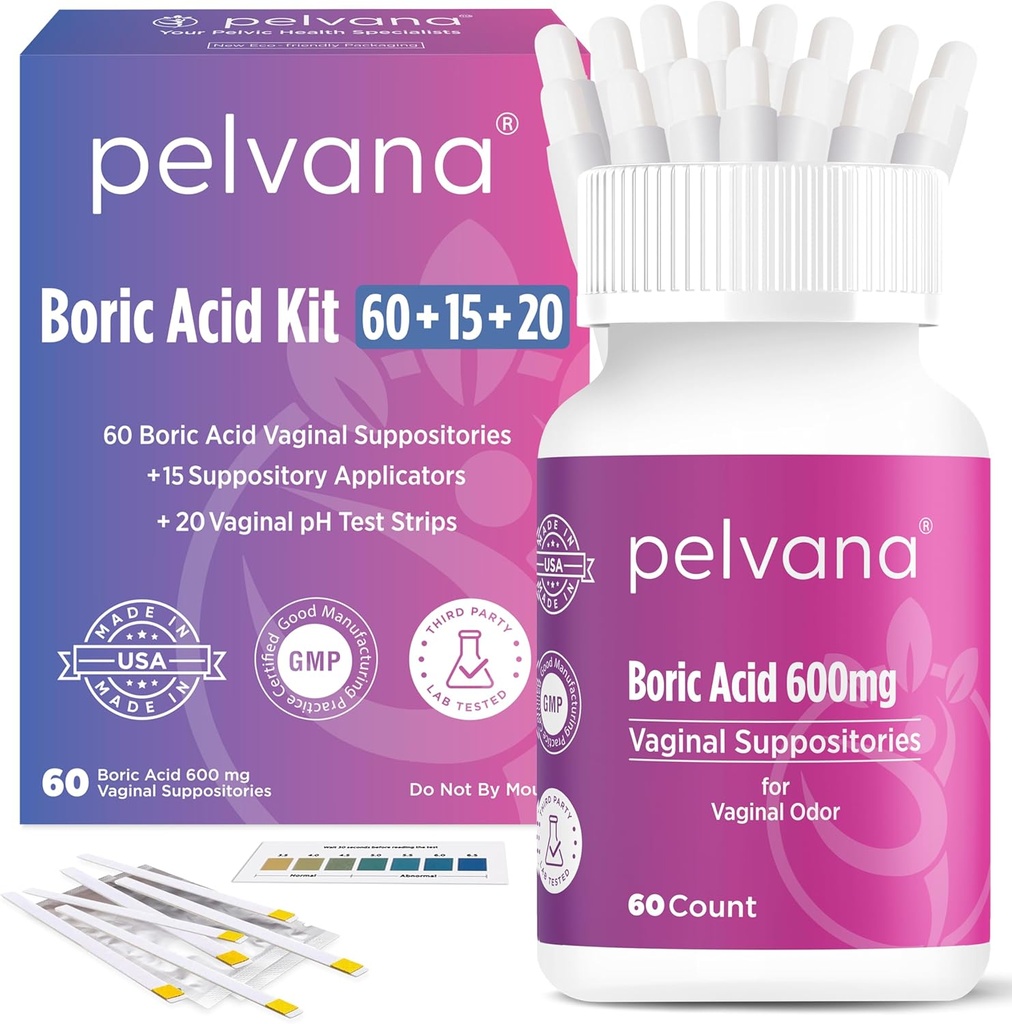 Pelvana Boric Acid Suppositories for Women 60 + 15 Applicators + 20 pH Test Strips = 95 Piece Kit for Vaginal Odor - Third-Party Lab Tested &amp; Made in The USA