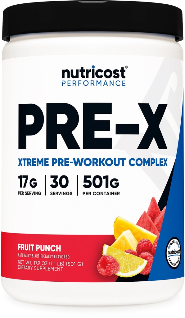Nutricost Pre-X Xtreme Pre-Workout Complex Powder, Fruit Punch, 30 Servings, Vegetarian, Non-GMO y Gluten Free