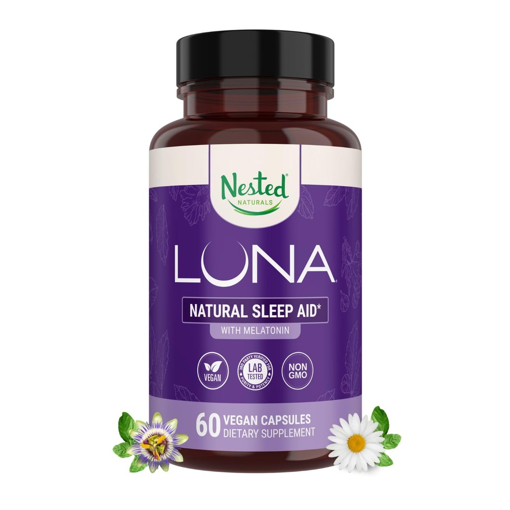 Naturales anidados Luna Sleep Aid - No-Habit Forming Natural Sleeping Pills for Adults with Naturally Sourcedients - Valerian Root, Melatonin, Chamomile, Lemon Balm, and More - 60 Vegan Capsules