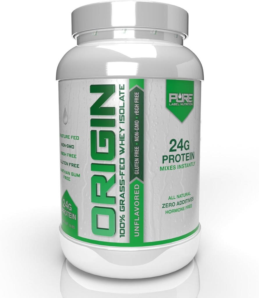 Nutrición de etiquetas puras 100% Grass-Fed, Inflavored Whey Isolate Protein Powder (24g) con Aminoácidos Esenciales, para Pre y Post Workout Recuperación & Muscle Building, Low Fat & Low Carbs - 2lbs