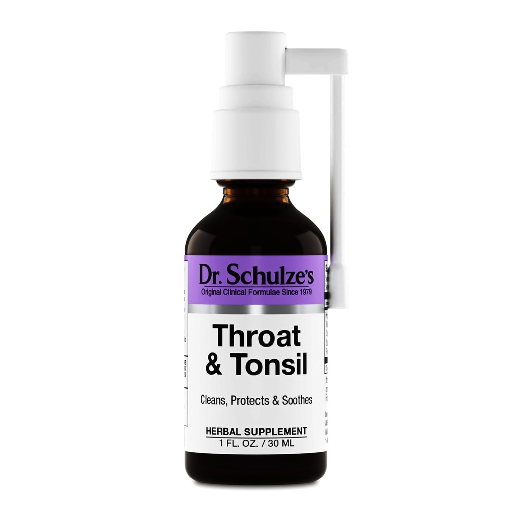 Dr. Schulze's Throat &amp; Tonsil ← Cool, Soothe &amp; Protect ← Herbal Supplement TEN Vegan & Kosher TEN Powerful &amp; Effective ← Easy Spray Nozzle ← 1 oz Bottle