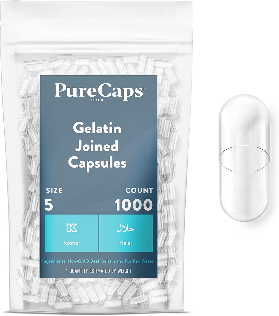 PureCaps USA - Empty Gelatin Capsules Tamaño 5 vidas 1000 Únete a Pills   Clear Anterior Non-GMO Certified durable SLS, Gluten, Preservative Free