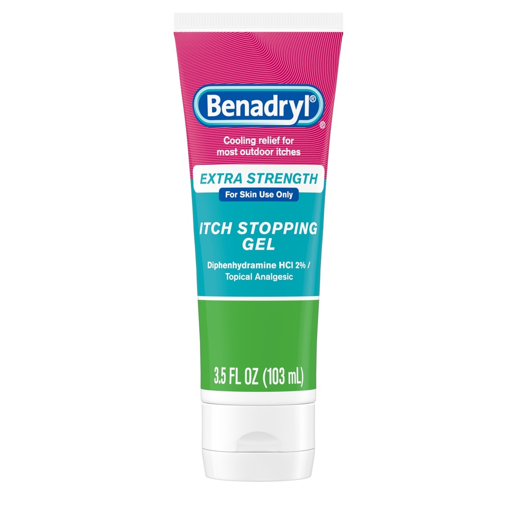 Benadryl Extra Strength Anti Itch Relief Gel, 2% Diphenhydramine HCl, Relief from Insect Bites, Sunburn &amp; More, Great for Camping Essentials, 3.5 fl oz