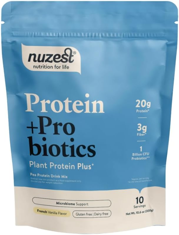 Nuzest - Proteína + Probióticos – Gut Health - Superfood Powder Plant Protein Blend - 300g / 10.6 oz Pouch (10 Servings) (French Vanilla, 300g)