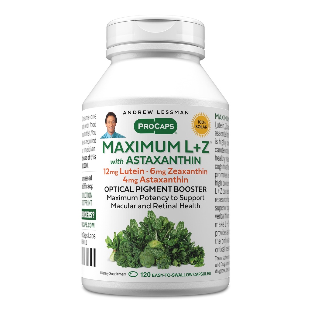 ANDREW LESSMAN Maximum L+Z with Astaxanthin 120 Softgels - 12mg Lutein, 6mg Zeaxanthin, 4mg Astaxanthin. Nutrientes clave para apoyar la salud ocular y cerebral, y promover una visión saludable.