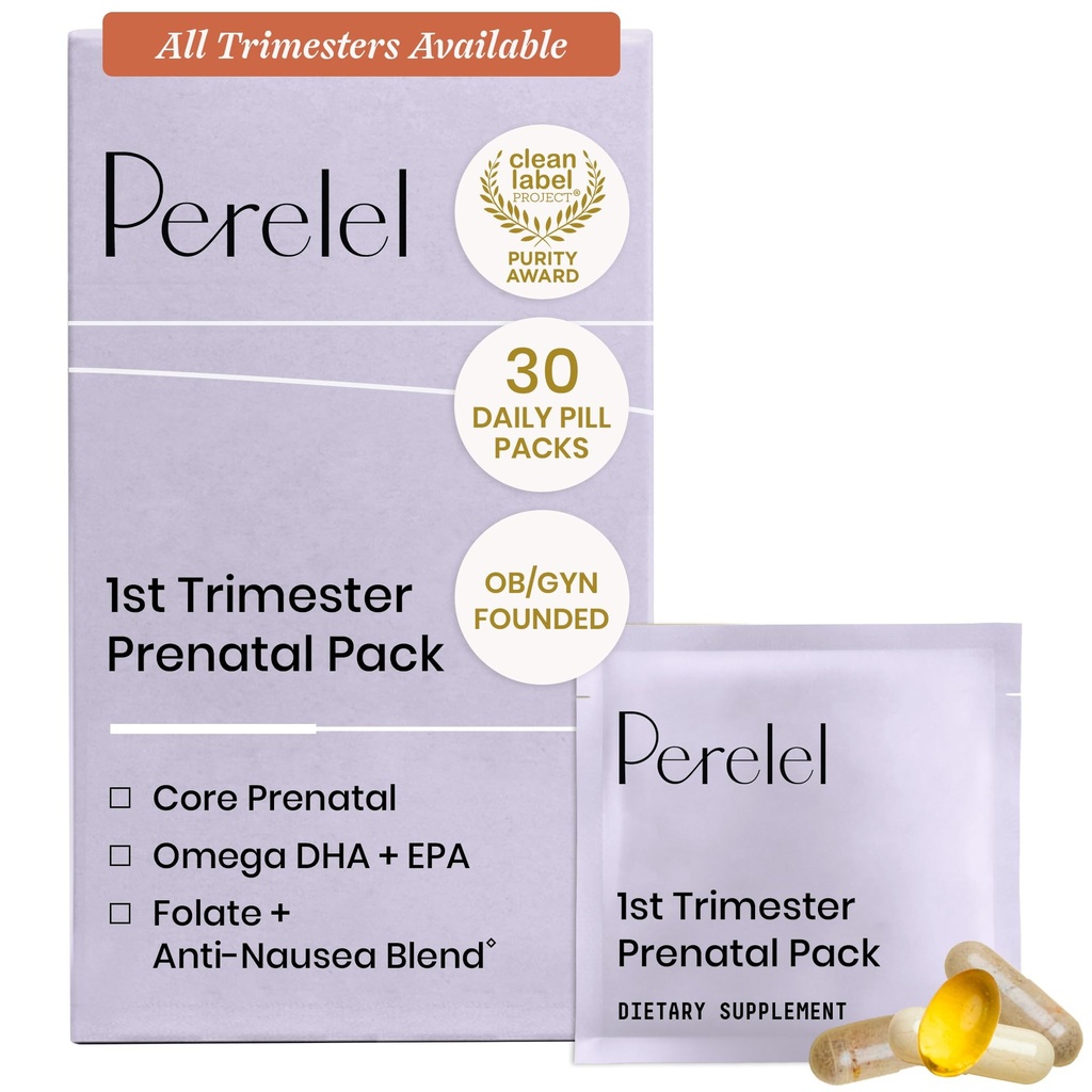 Perel 1er Trimester Prenatal Pack, Multivitamínico con Folate, Vitamina D, Omega 3, Hierro &amp; Peligro, Apoyo nutricional para el embarazo precoz, Soy &amp; Gluten Gratis, No GMO, 30 Daily Pill Packs