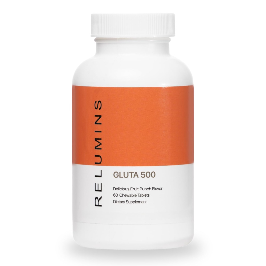 Reluminas Gluta 500 Tablas Chewable con Glutathione, Ácido Hialurónico, Vitamina C, Biotina & Collagen – Soporta Tono de Skin &amp; Glow – Fruit Punch Flavor – Made in USA – 60 Tablets