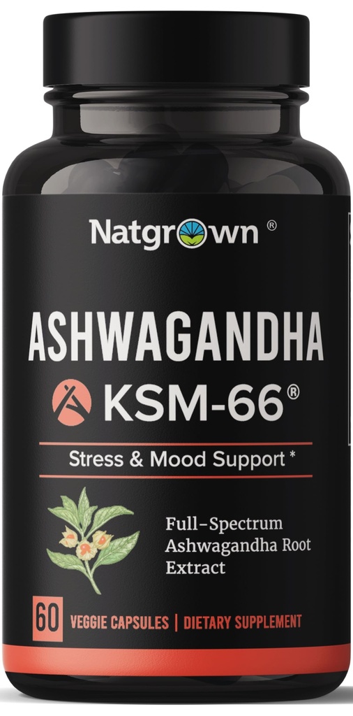 Natgrown Ashwagandha KSM 66 Suplemento 600 mg - Stress, Mood, & Athletic Support - Orgánica KSM66 Extracto de raíz con 5% Withanolides - Vegan Capsules - 60 Conde