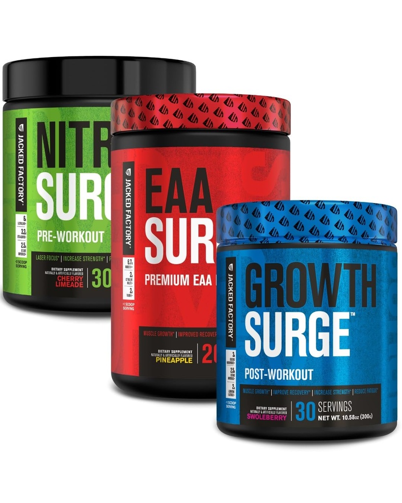 Nitrosurgente de la fábrica Jacked Pre Workout, EAA Surge Aminoácidos Esenciales, Crecimiento Surge Post Workout Muscle Builder Bundle