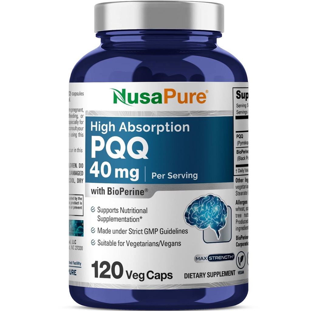 NusaPure PQQ Suplemento 40 mg, 120 cápsulas vegetarianas, no GMO, Pyrroloquinolina Quinone Disodium Salt, Bioperine