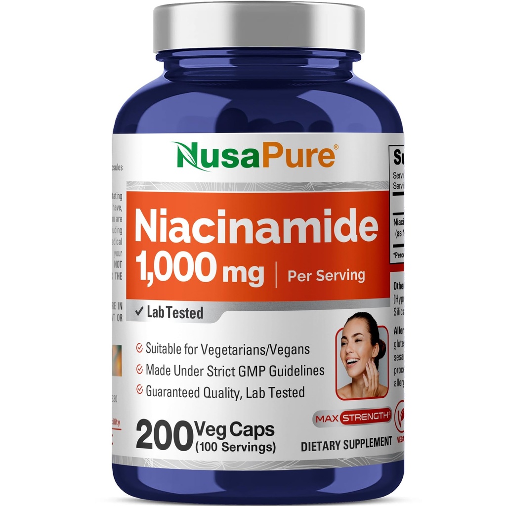 NusaPure Niacinamide 1000mg 200 Veggie Capsules (No-GMO, Vegan) Flush Gratis