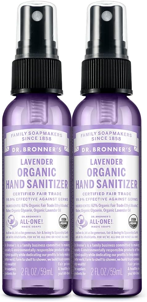 Dr. Bronner's - Orígen de Saneamiento de Manos Orgánicas (Lavanda, 2 onzas, 2-Pack) - Fórmula simple y eficaz, limpia " saneamiento, sin productos químicos, hidrata y limpia las manos
