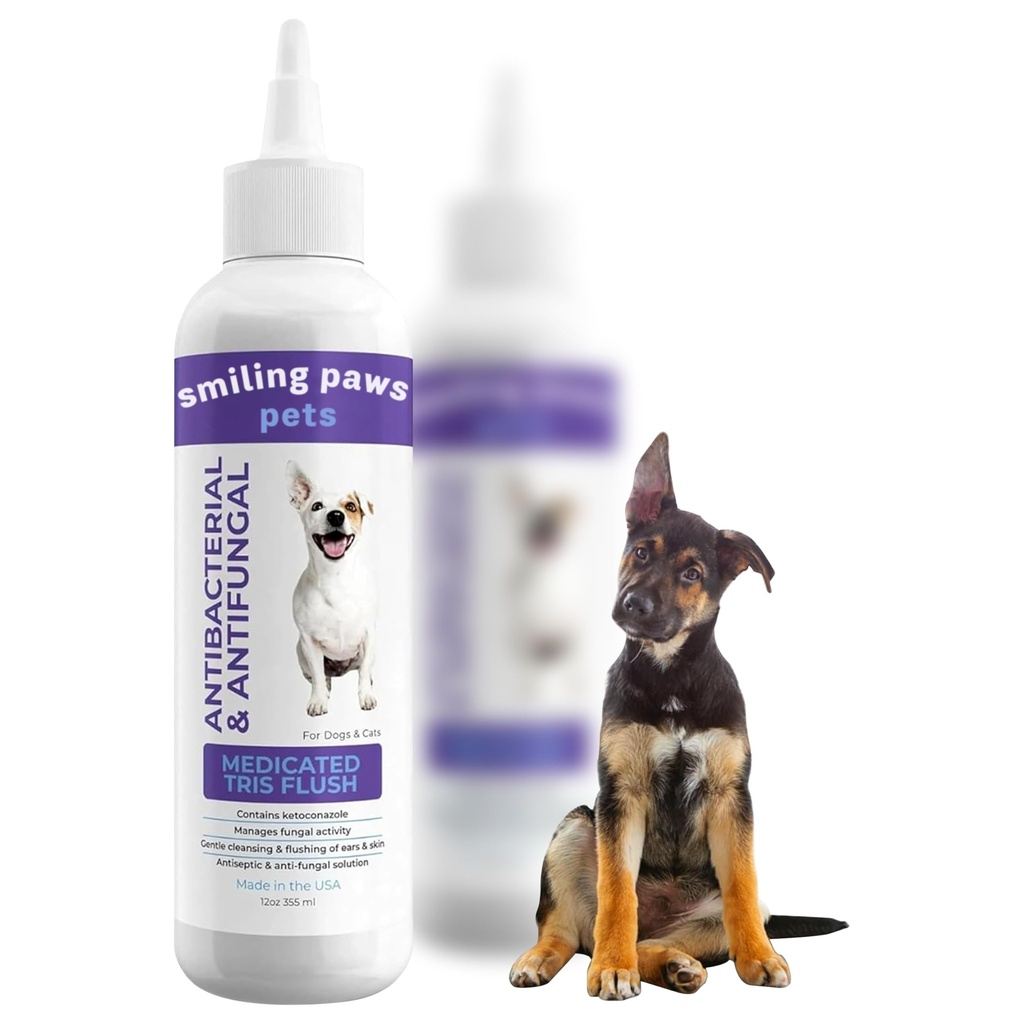 Piñas sonrientes Mascotas Tratamiento de la Solución y la Infección para Perros y Gatos Eure Flush for Dogs Ear Cleaner for Dogs &amp; Cats - Cat &amp; Dog Ear Wash Contiene Ketoconazole 12oz