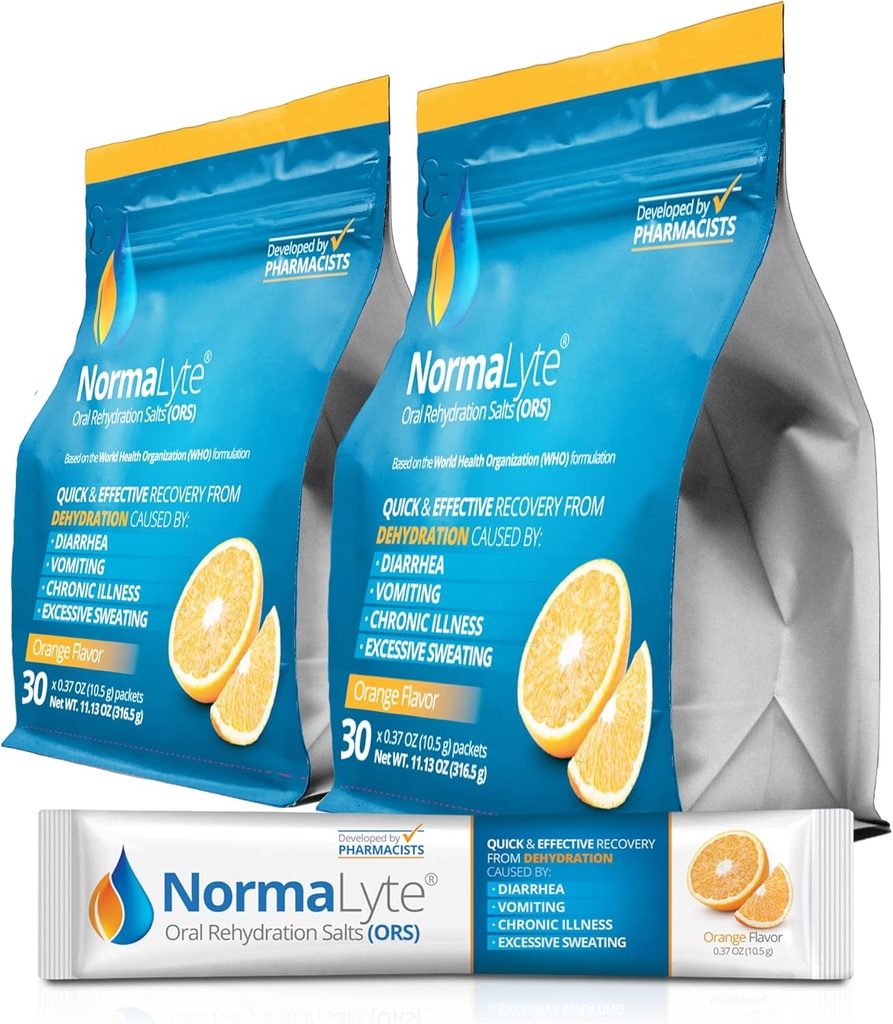 NormaLyte Oral Rehydration Salts-2 Pouches - 60 Sticks (Yields 500mL per Pack)-Orange WordPress Energy Supplement, Potassium Supplement, Dehydration Recovery y Quick Absorption