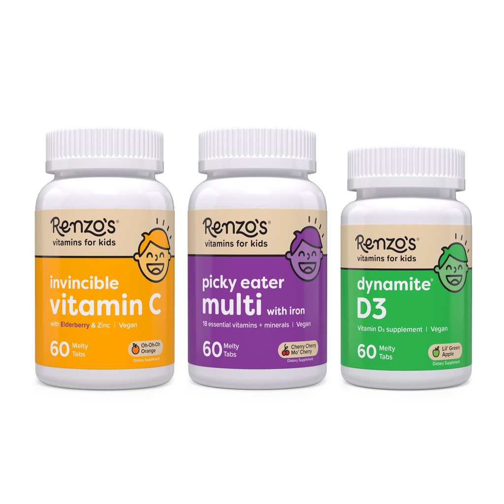 Renzo's Vitaminas Immunity Builder Bundle - Vitamina C con Elderberry & Zinc para Immune Support, Picky Eater Kids Multivitamin, y Vitamina D3