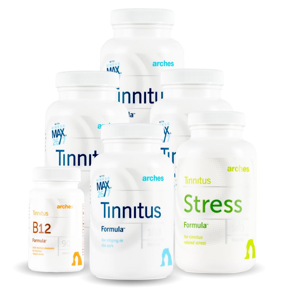 Arches Tinnitus Combo Pack - Ahora con Ginkgo Max 26/7 - Tratamiento natural de Tinnitus para el alivio de los anillos - 6 Botellas - 90 Day Supply