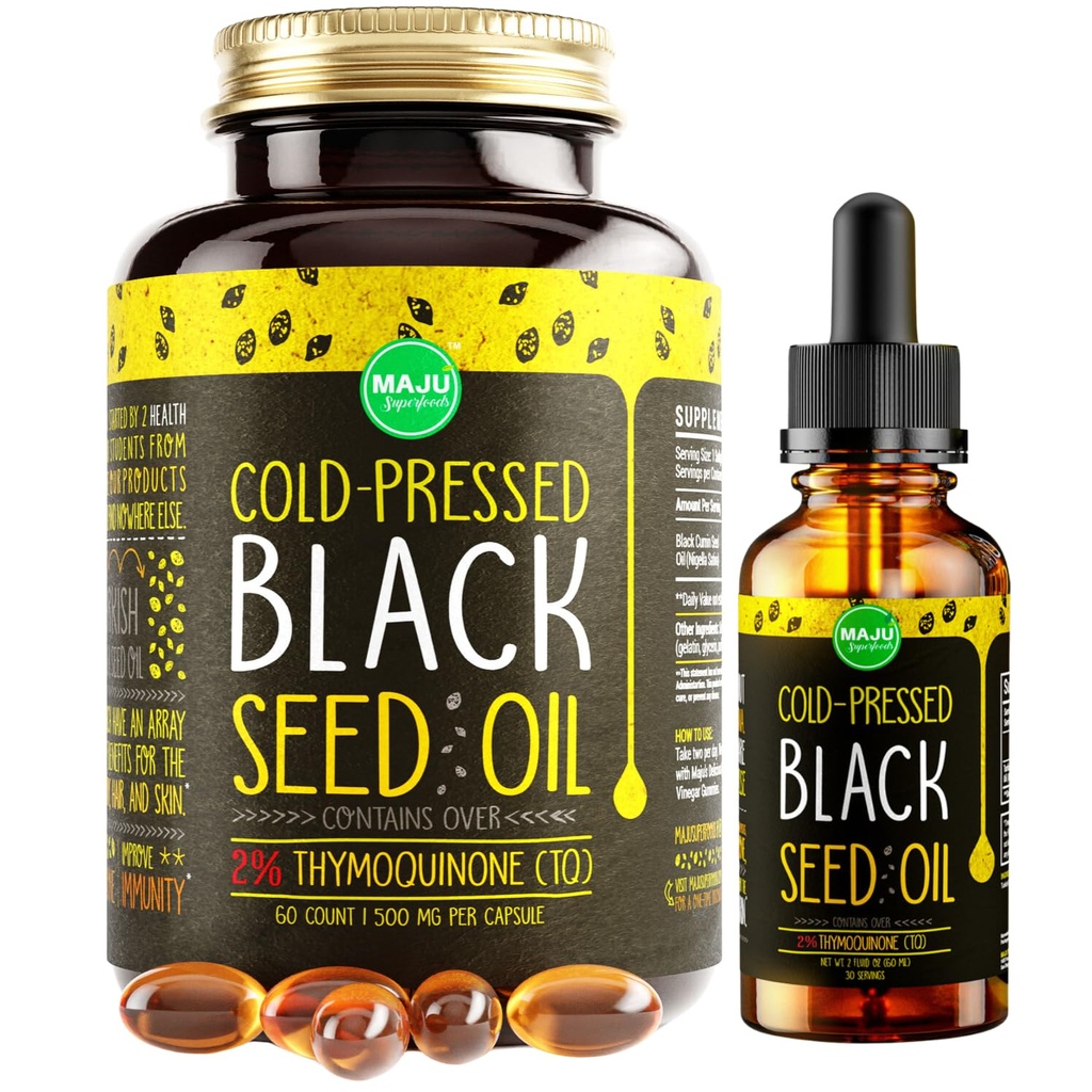 Maju Superfoods Black Seed Oil 2 oz y Black Seed Oil Capsules Bundle