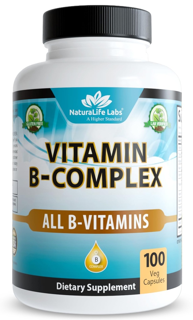 NaturaLife Labs Vitamina B-Complex con Vitamina C &amp; Folic Acid – Incluye B1, B2, B3, B5, B6, B7, B9 &amp; B12 – 100 cápsulas, Vegan, No GMO, Gluten Free