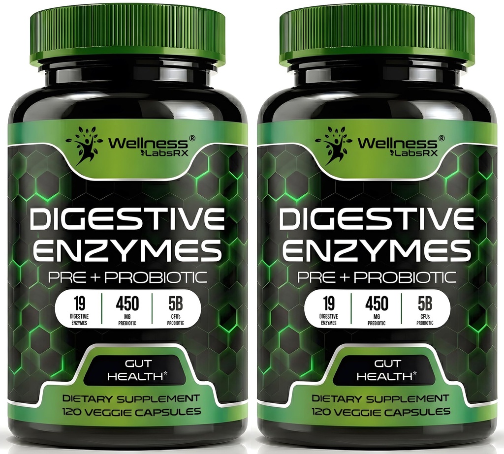 Enzimas digestivas con probióticos y prebióticos, 450mg, 5 millones de CFUs - Pure Super Digestion Capsules - Enzimas digestivas para hombres de apoyo Digestión " Salud Gut - 120 Conde (Pack of 2)