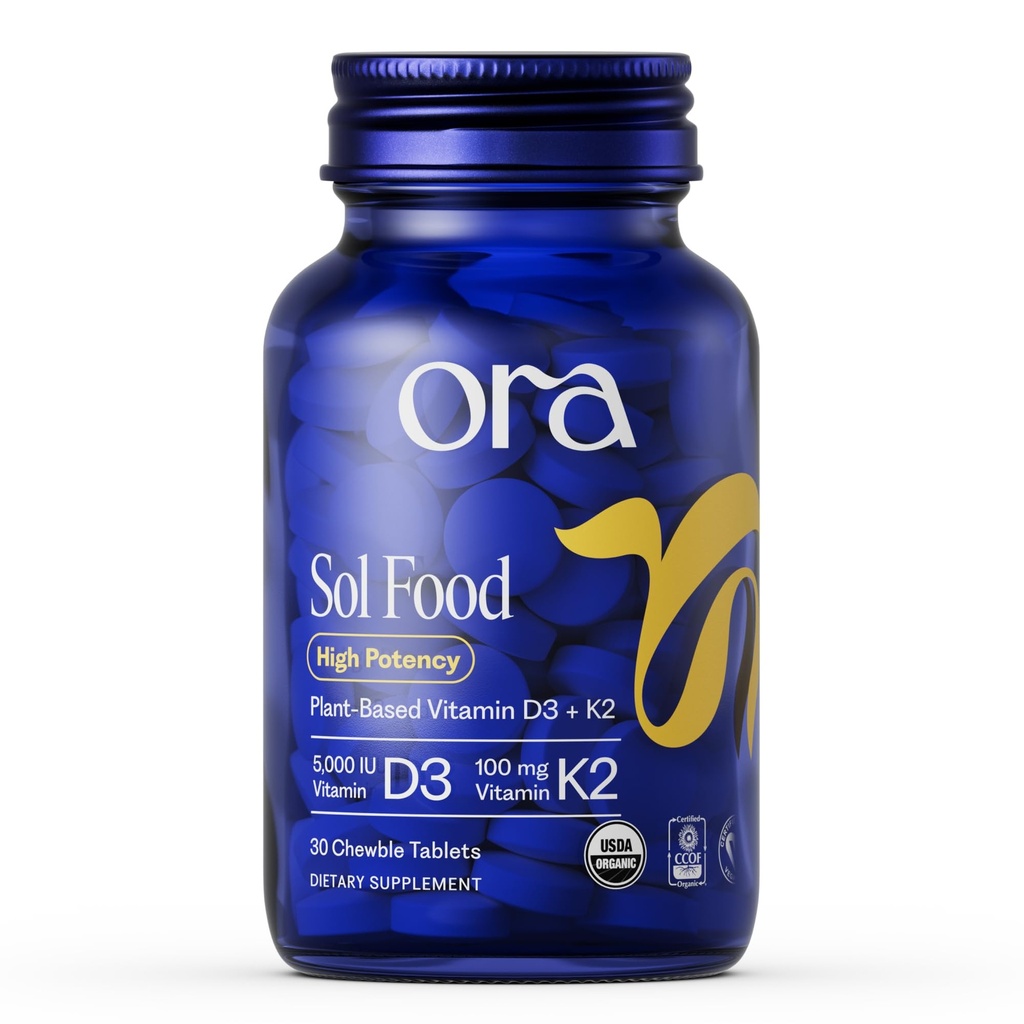Ora Vitamina Orgánica D3 5000IU + K2 - Vitamina Vegana D de Lichen y K2 de Chickpeas para la Salud de los Huesos, Apoyo Inmunitario, Mood, Absorción Máxima - 1 Mes Fuente, 30 Tablas Chewable