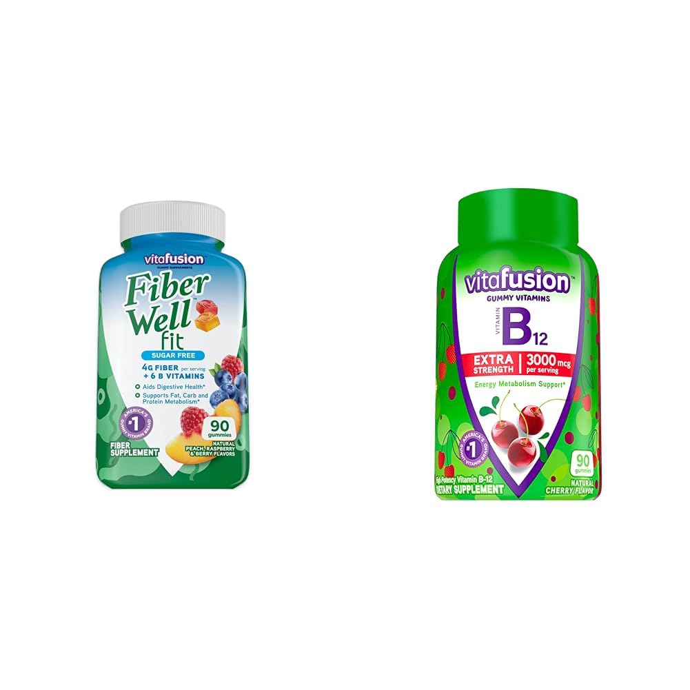 Vitafusion Fiber Well Fit Gummies Suplemento, 90 Conde (Packaging May Vary) & Extra Strength Vitamina B12 Gummy Vitaminas para Energía Metabolismo Apoyo